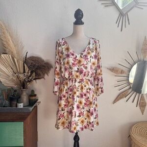 Forever 21 Women's White Floral Print 3/4 Sleeve Chiffon Romantic Dress Size Lrg